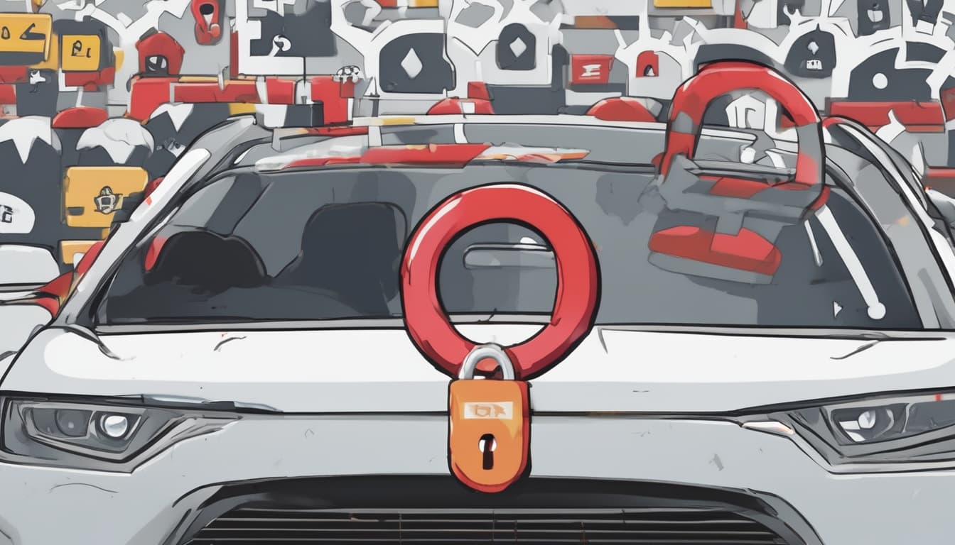 Symbolbild: Ein stilisiertes Schloss und ein Schild im Kontext eines Auto-Dashboards, das Datensicherheit und Privatsphäre symbolisiert