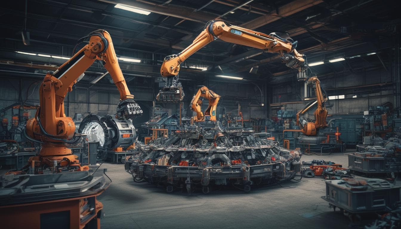 Image: A robotic arm sorting materials in a vehicle recycling plant