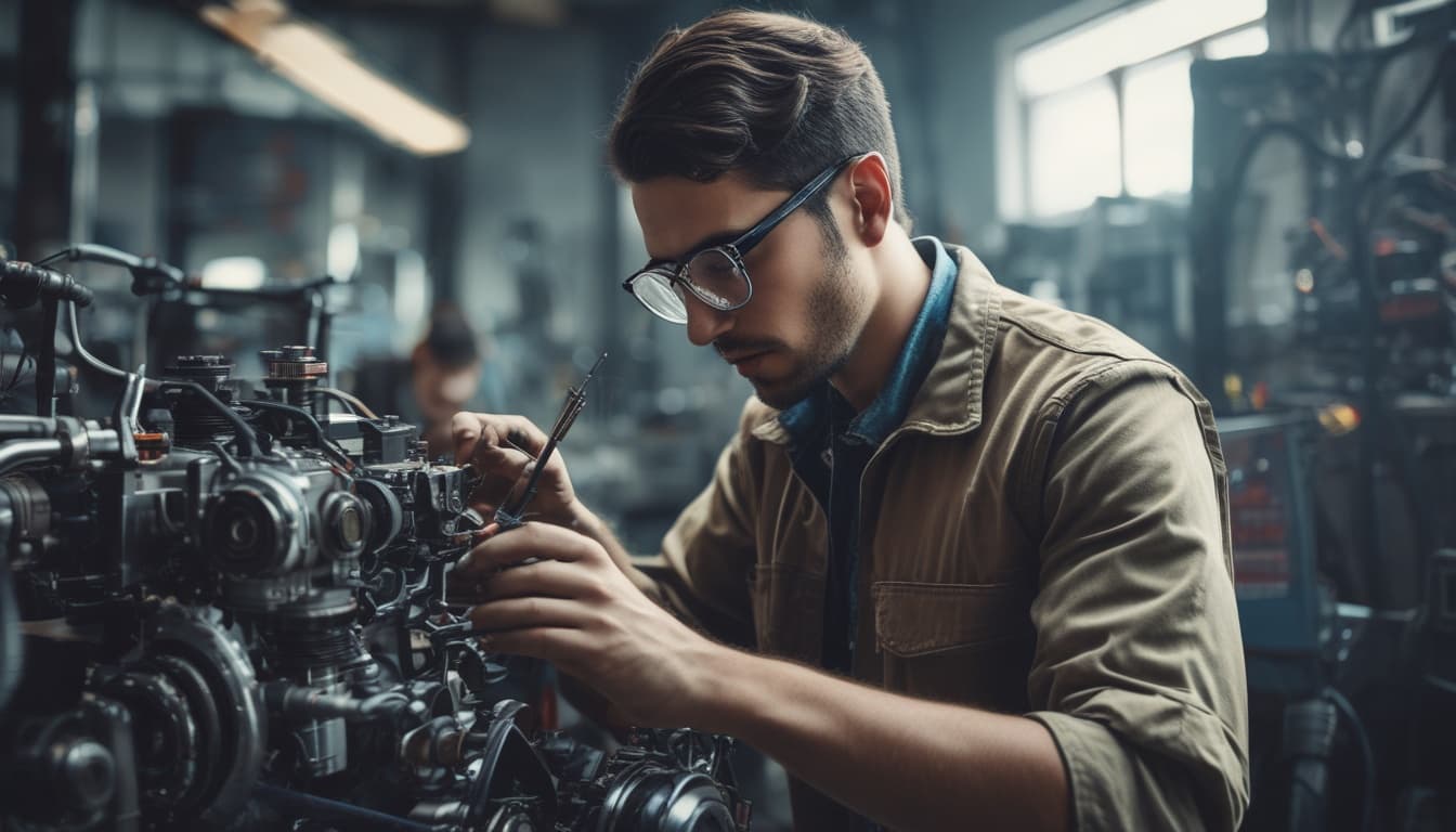 Bir otomotiv teknisyeninin akıllı gözlük kullanarak bir motor üzerinde çalıştığını ve gözlüğün ekranında talimatların belirdiğini gösteren bir görsel