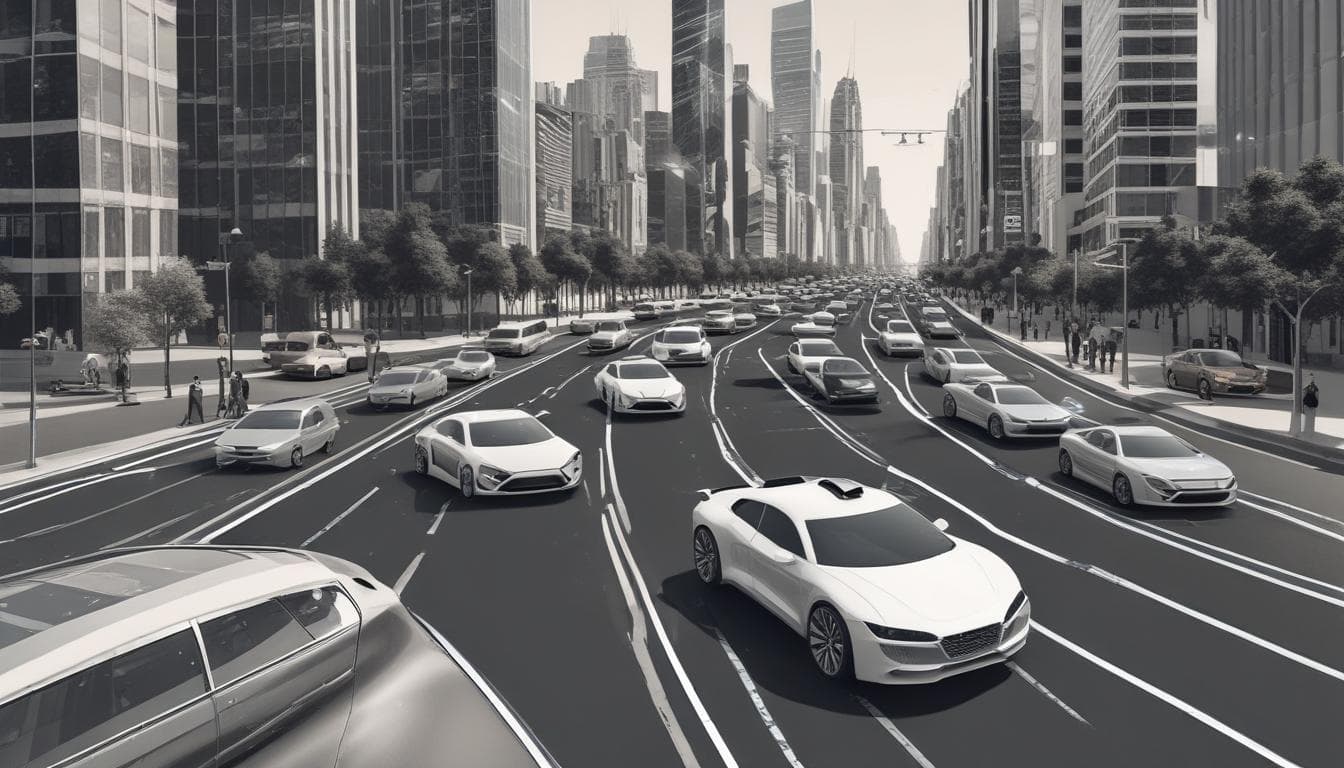 Imagem futurista de carros autônomos em uma cidade inteligente