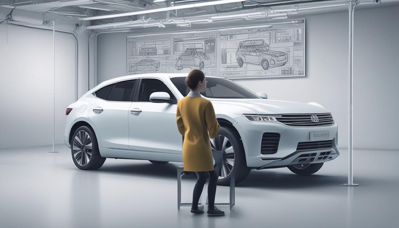 Alt text: Инженер работает с цифровым двойником автомобиля на компьютере