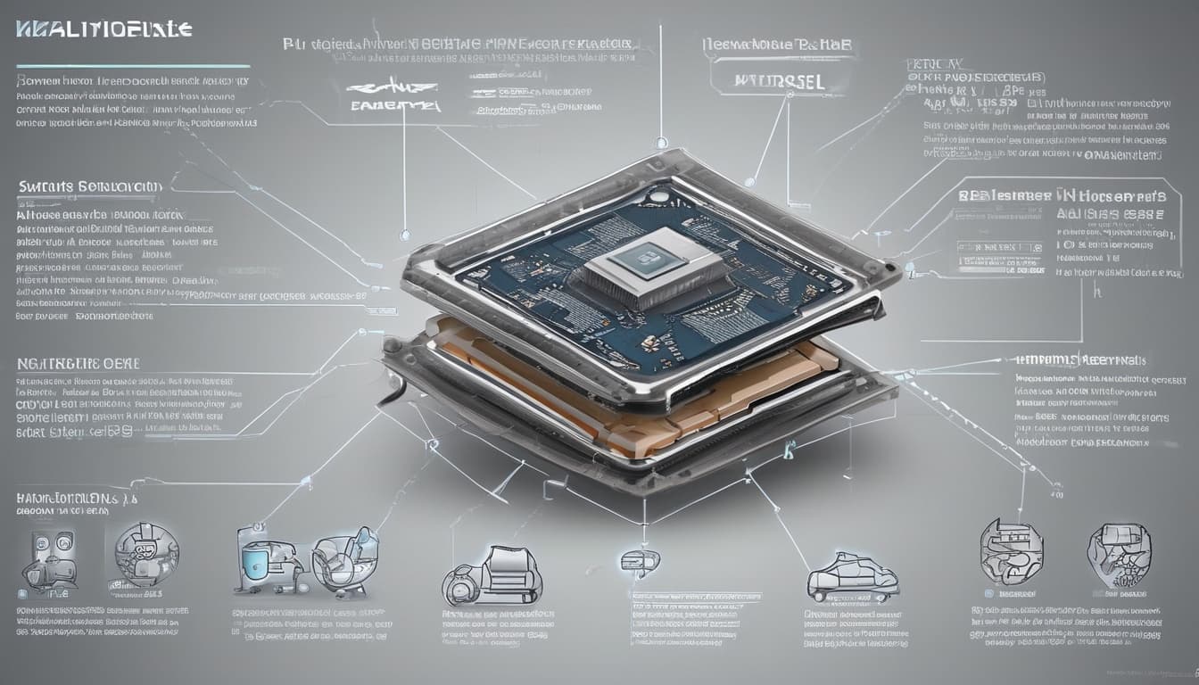 Illustrazione di un chip SoC avanzato per applicazioni automotive, evidenziando diverse unità funzionali come CPU, GPU, NPU, interfacce di comunicazione
