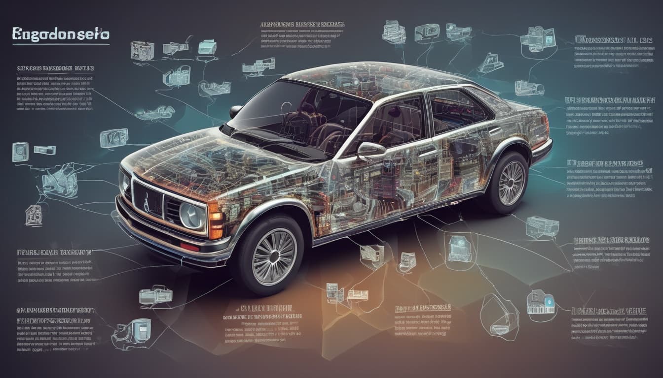 Un diagramma che mostra le aree di un'auto moderna che dipendono dai semiconduttori, come motore, trasmissione, infotainment, ADAS, illuminazione, gestione batteria