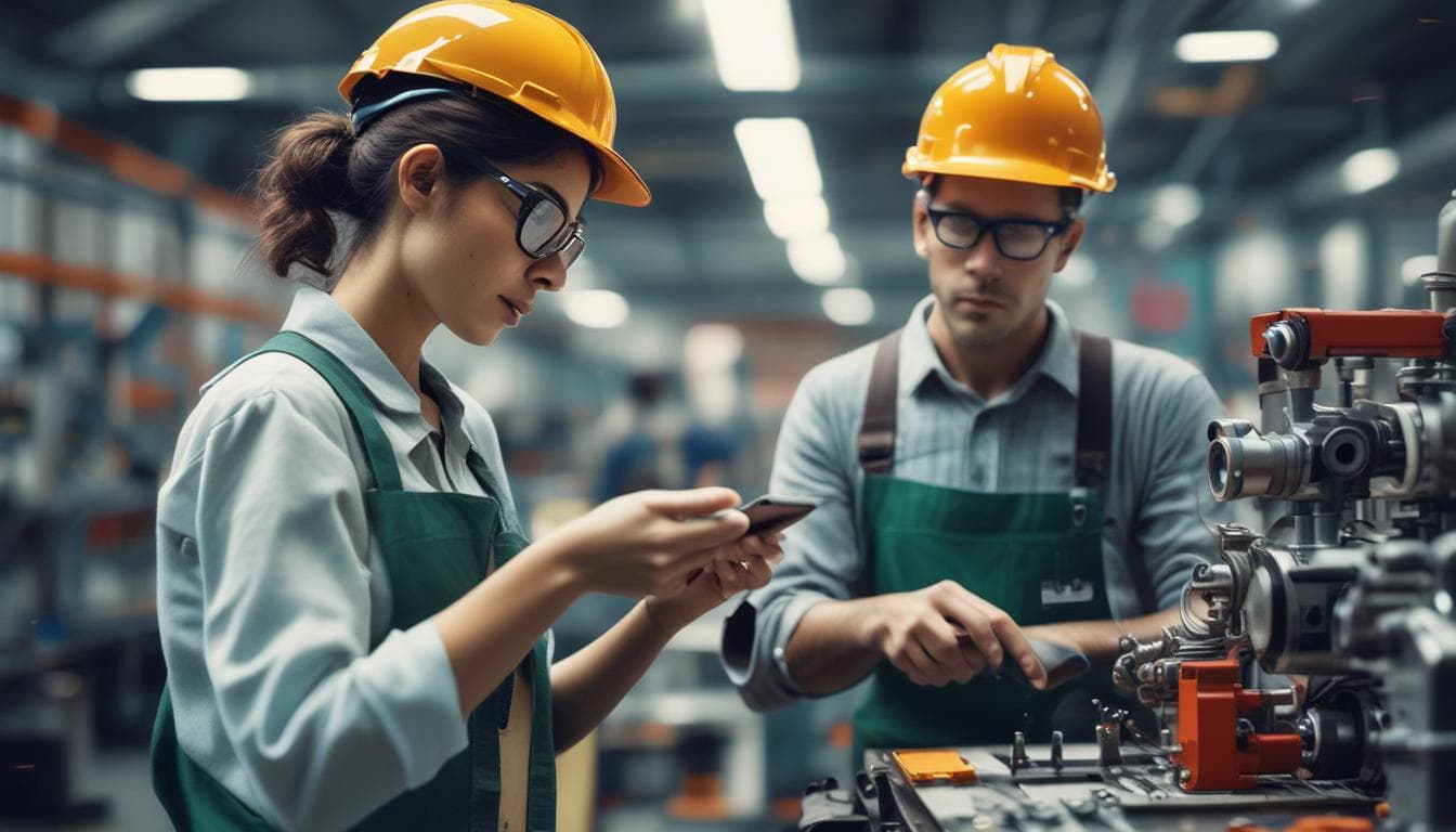 Imagem de um trabalhador da fábrica usando RA para instruções de montagem