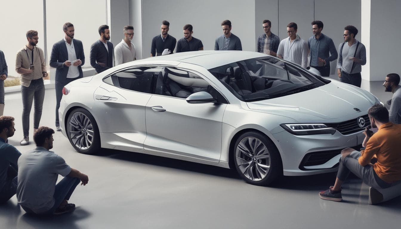 Imagem de uma equipe de design colaborando em um modelo de carro em RA