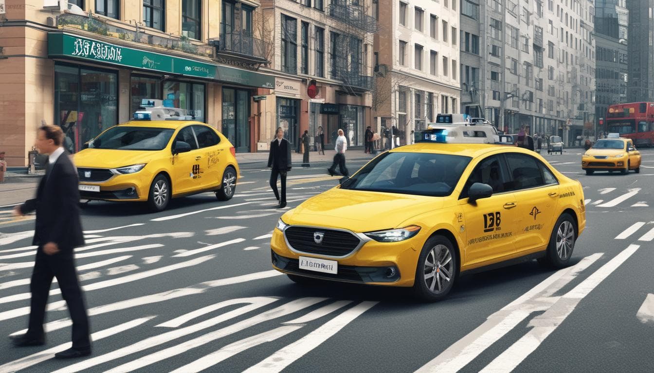 Ein Bild eines Robotaxis, das Passagiere in einer städtischen Umgebung befördert.