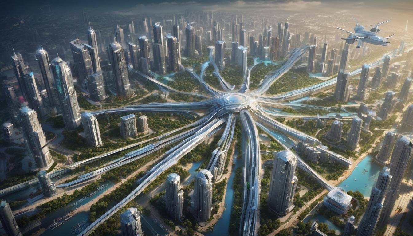 未来都市の空中交通システムを示すコンセプト画像