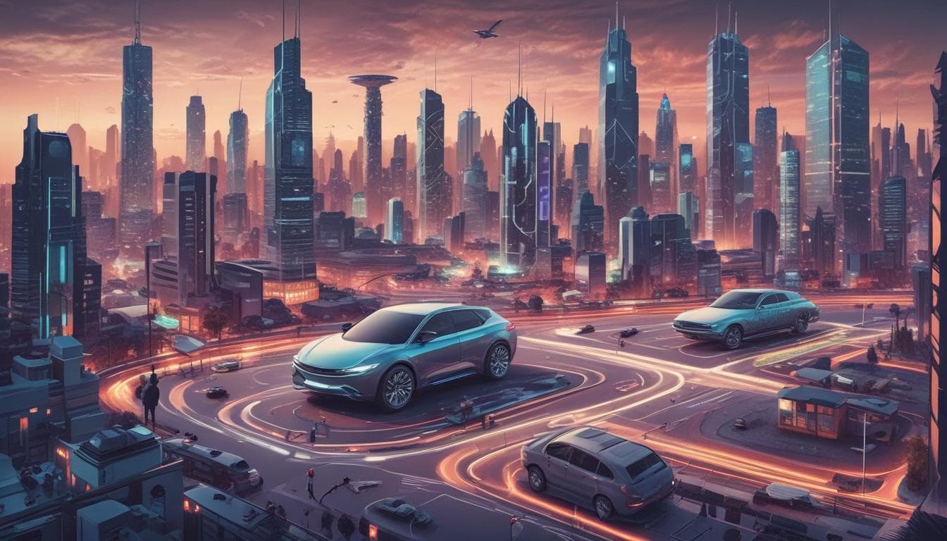 Image: Futuristic cityscape with autonomous vehicles