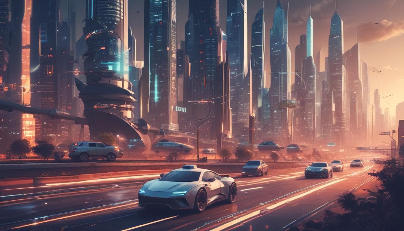 Imagem de uma cidade futurista com carros autônomos circulando.