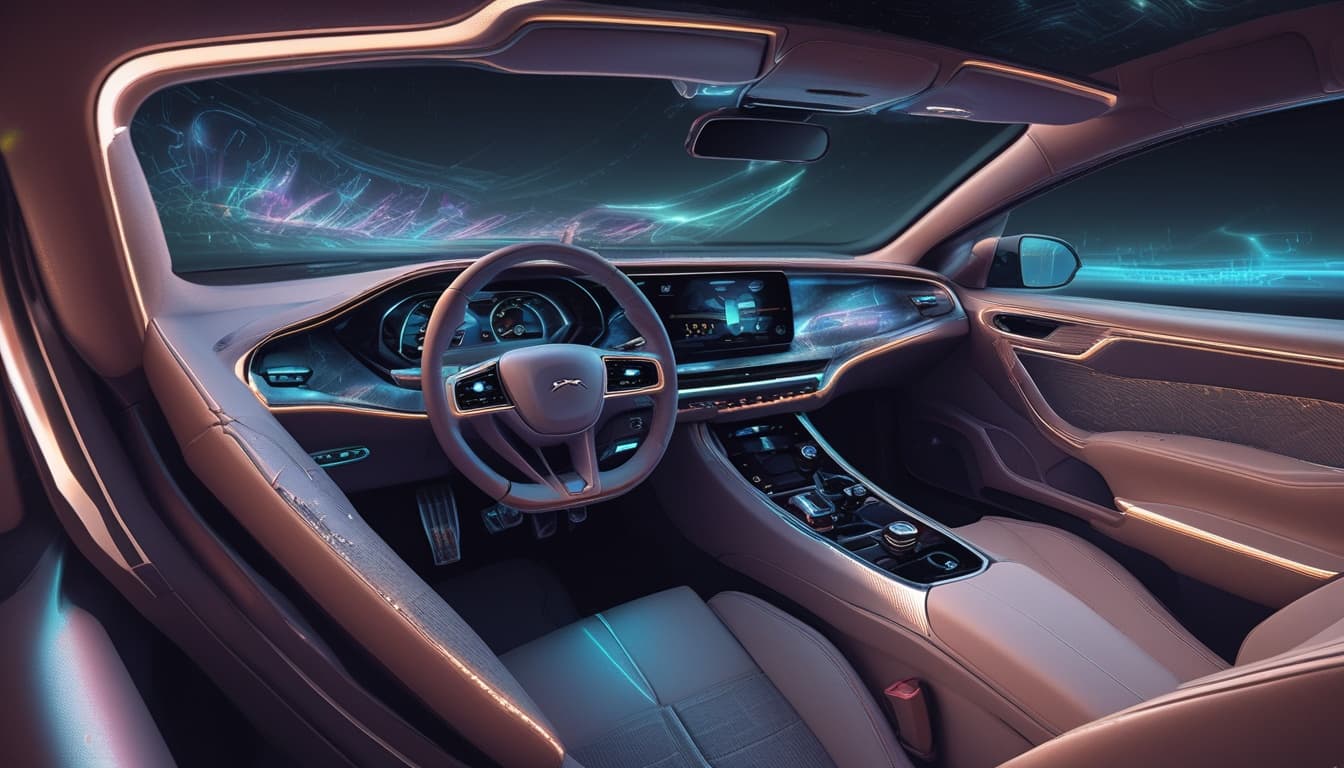 Futuristic image of a car interior with holographic displays and subtle integrated sensors