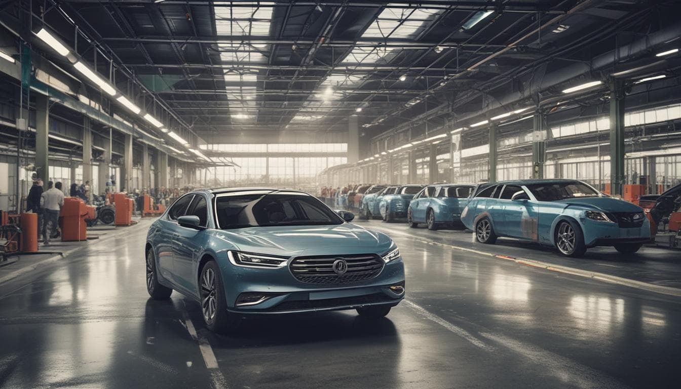 Image: A car manufacturing plant showcasing sustainable practices like solar panels and water recycling systems