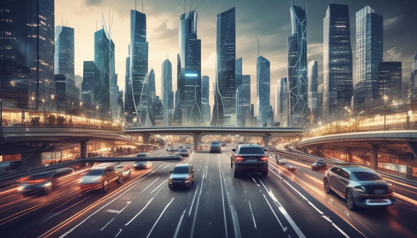 Image futuriste illustrant la mobilité connectée dans une ville intelligente