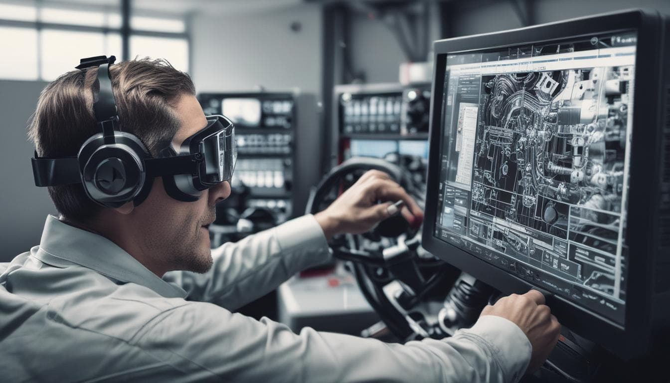 Bild eines Technikers, der eine AR-Brille verwendet, um ein Fahrzeug zu warten