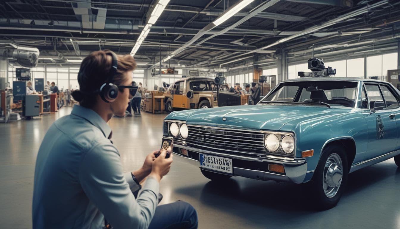 Bild eines Inspektors, der AR verwendet, um die Qualität eines Fahrzeugs zu überprüfen