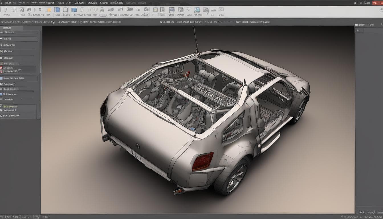 Imagen de un modelo 3D de un vehículo en un software de simulación