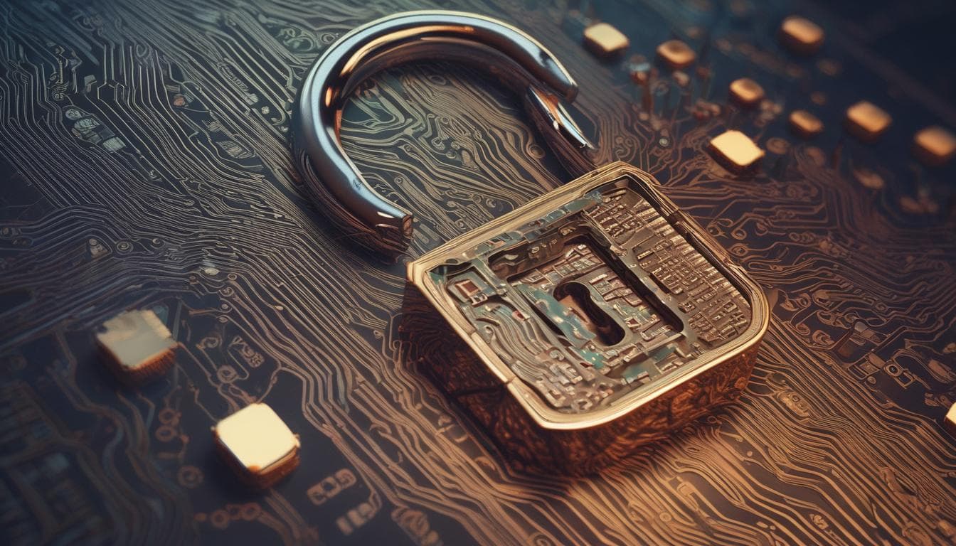 Imagen de un candado superpuesto a un circuito electrónico, representando la ciberseguridad