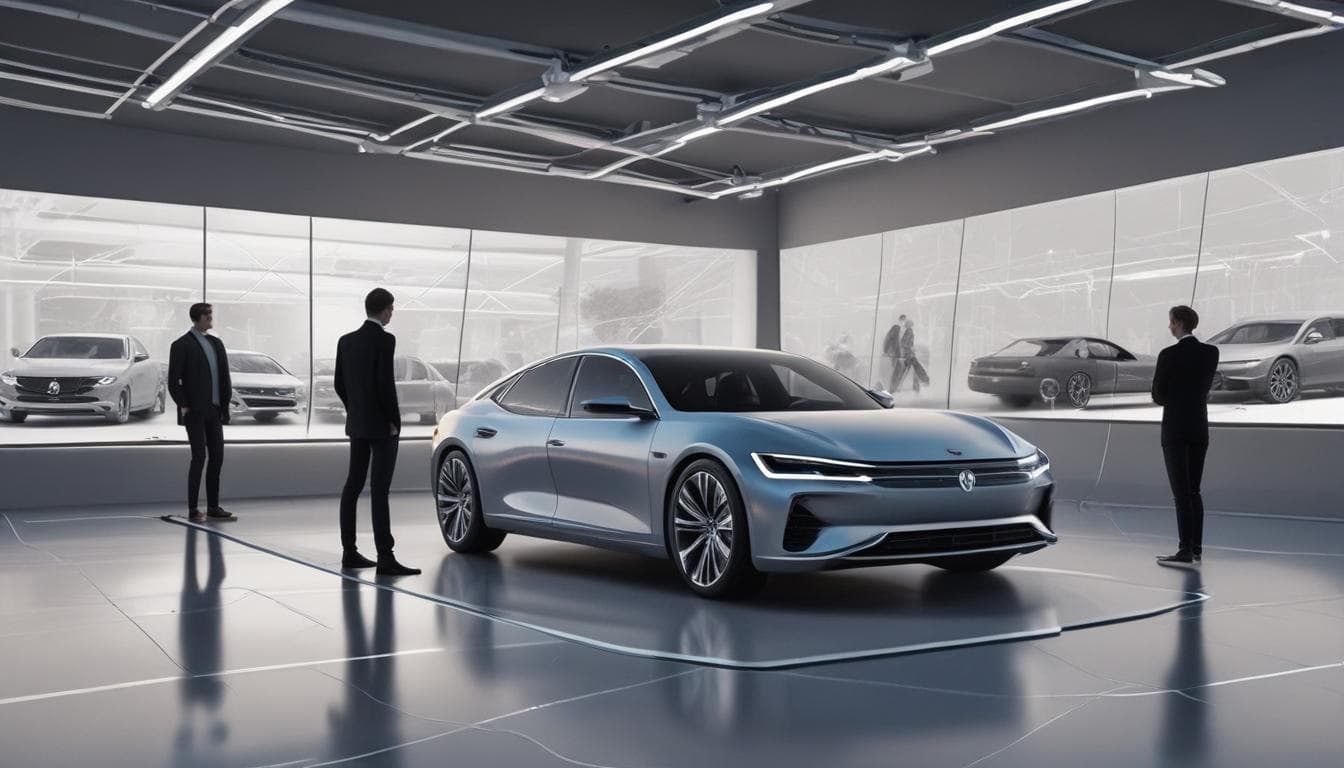 Alt text: Virtual showroom experience with customers interacting with a 3D car model