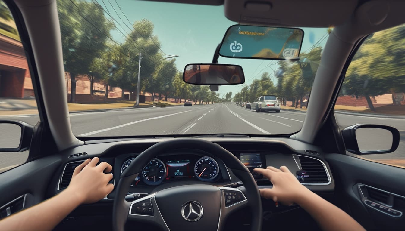 Visão do para-brisa de um carro com elementos de Realidade Aumentada gamificados, como setas de navegação e pontos de interesse destacados