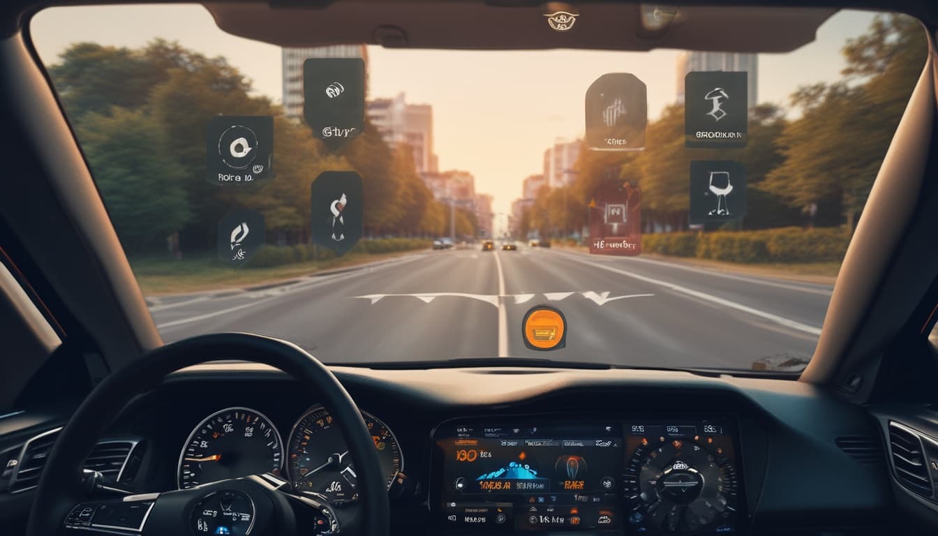 Painel de controle de um carro exibindo elementos de gamificação como pontos e medalhas por condução eficiente