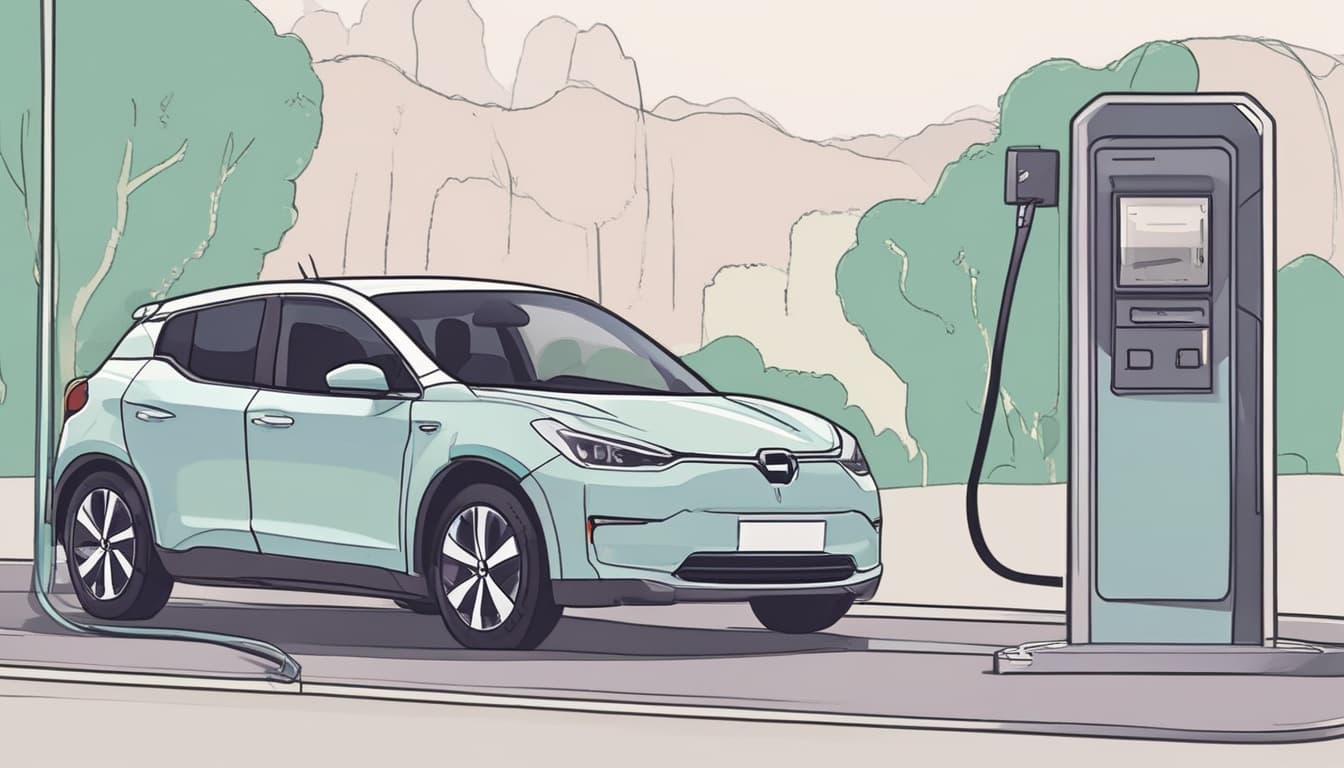 EVが充電ステーションで充電している様子と、車内ディスプレイに決済画面が表示されているイメージ