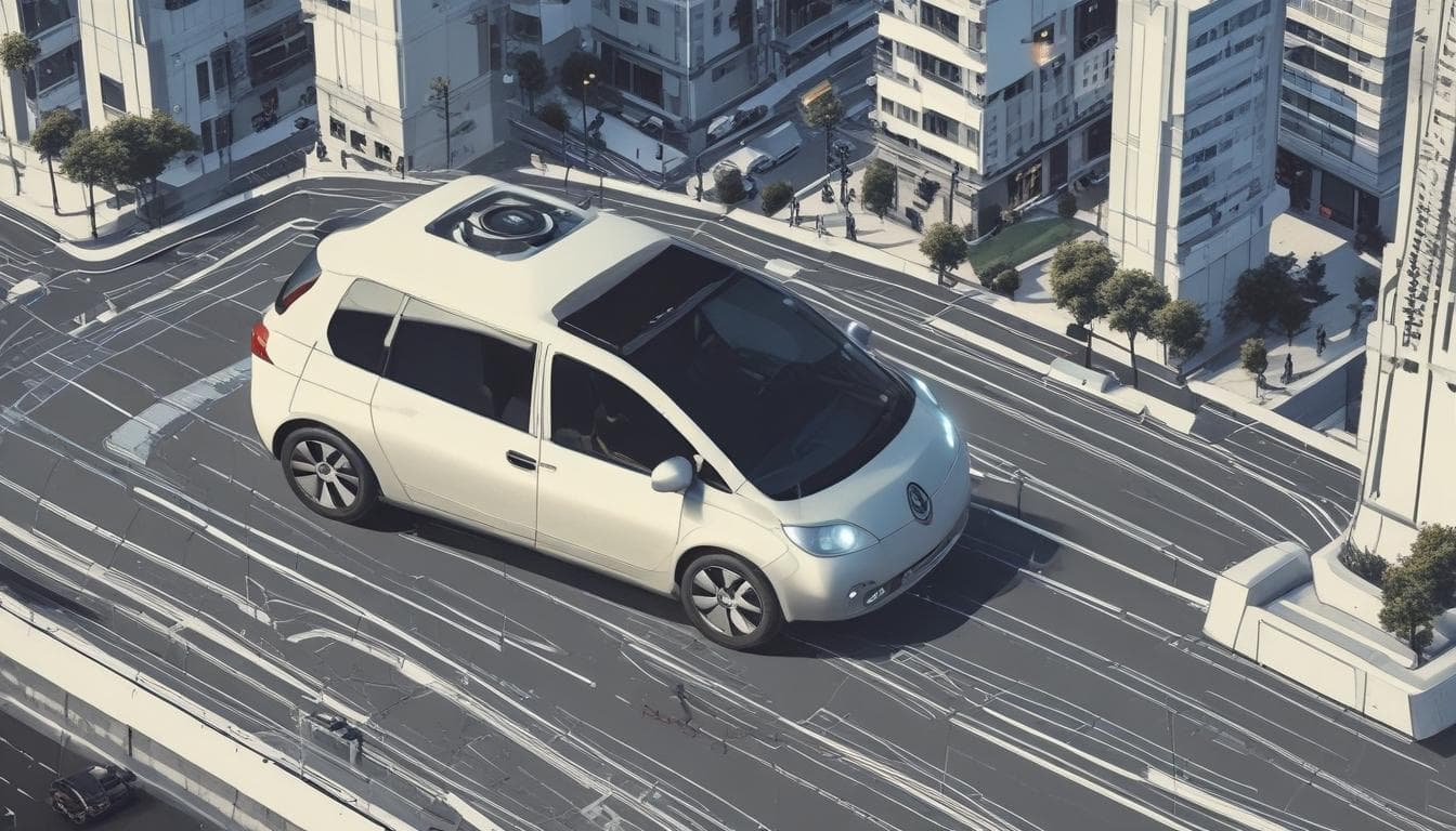Futuristisches Bild eines vernetzten, autonomen Fahrzeugs in einer Smart City