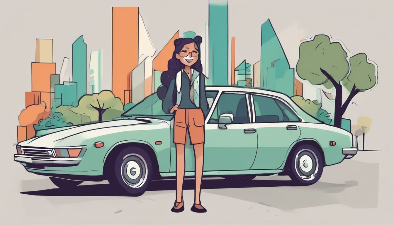 Imagem de um consumidor sorrindo ao lado de um carro moderno e sustentável, simbolizando a satisfação do cliente