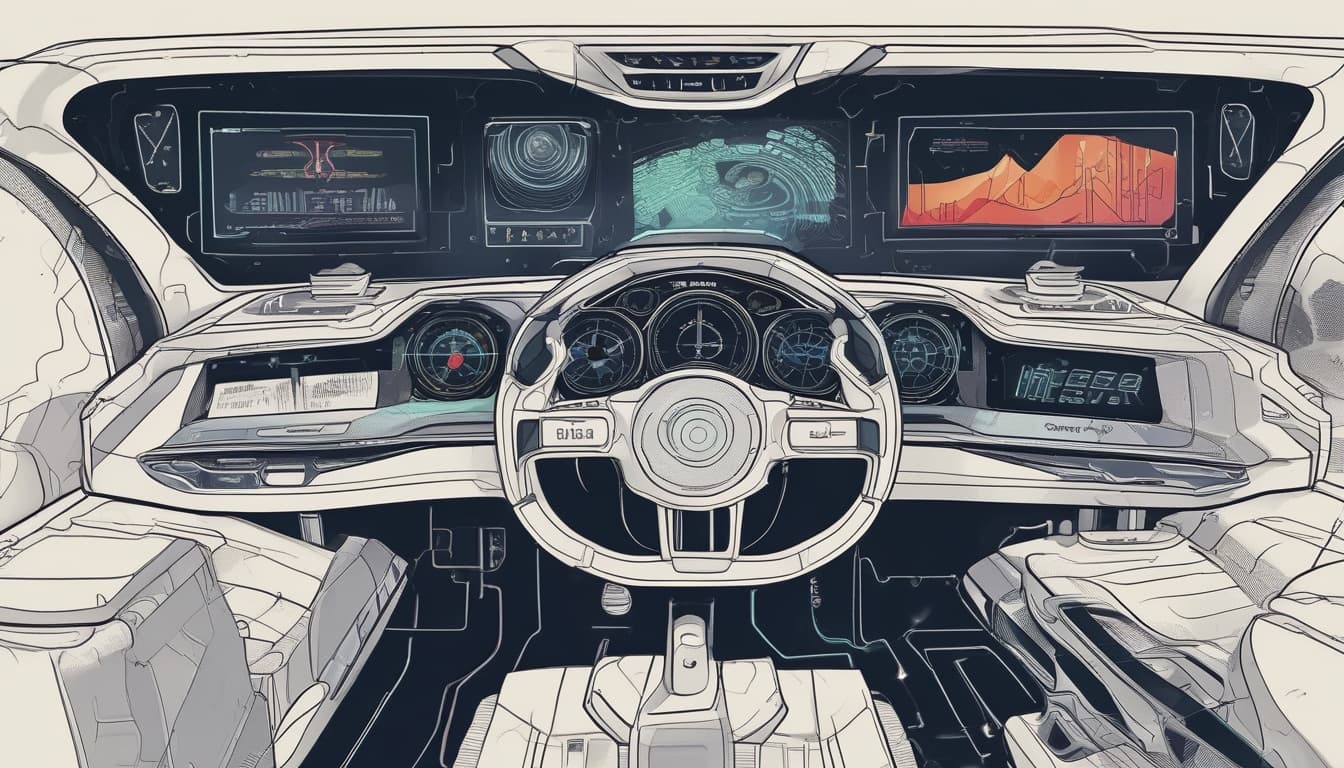 Imagem de um painel de carro futurista com múltiplas telas e interfaces conectadas