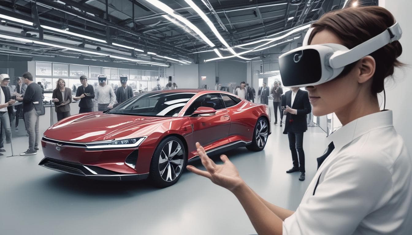 Alt text: Designer interagieren mit einem virtuellen Fahrzeugmodell mithilfe von VR-Headsets.