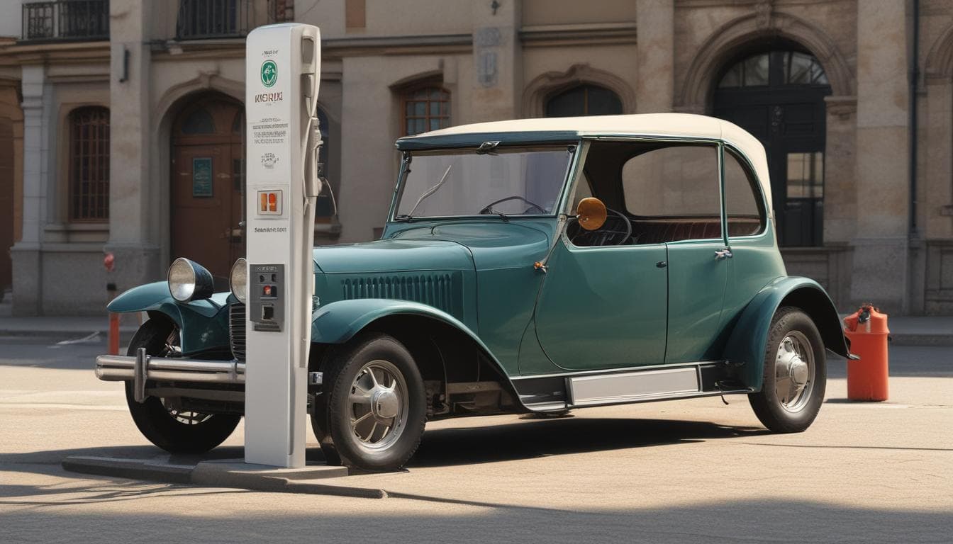 Immagine di un veicolo elettrico d'epoca I primi prototipi, alimentati da batterie rudimentali, dimostrarono il potenziale della propulsione elettrica, ma la tecnologia dell'epoca limitava l'autonomia e la velocità. Immagine di un'antica stazione di ricarica