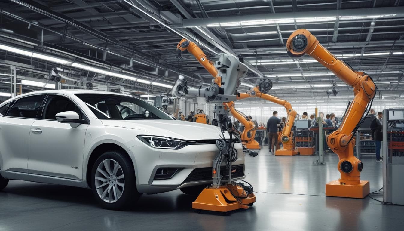 Imagem de um robô colaborativo trabalhando ao lado de um humano em uma fábrica de automóveis