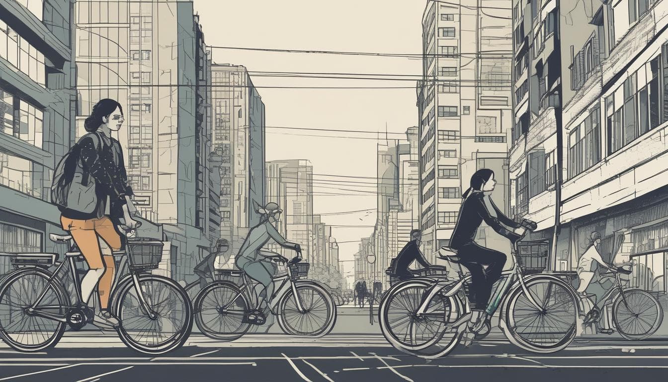 Imagem de uma cidade com VEs e bicicletas elétricas