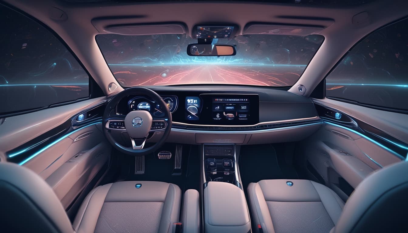Futuristic image of a car interior showing holographic displays with health metrics and personalized ambient environment