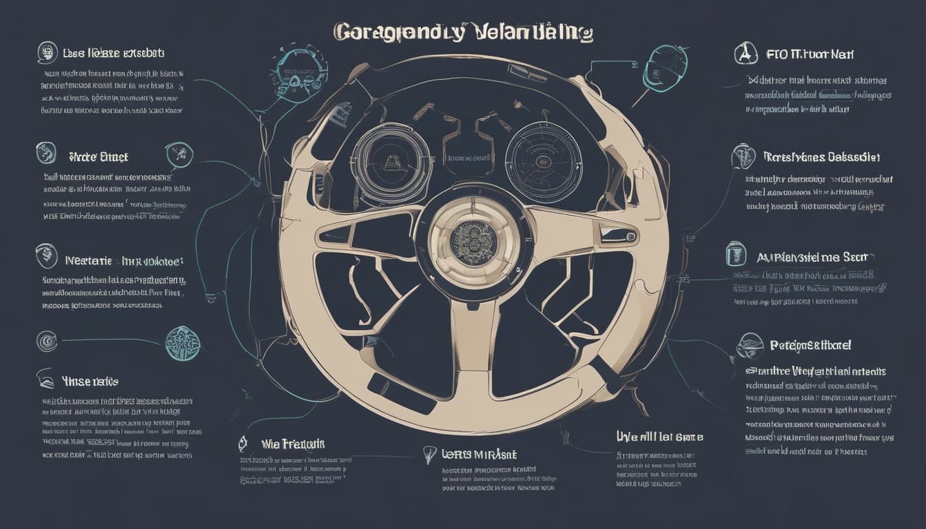 Diagram showing various sensors (steering wheel, seat, camera, air quality) feeding data into an AI processor, which then outputs to HMI and cabin controls