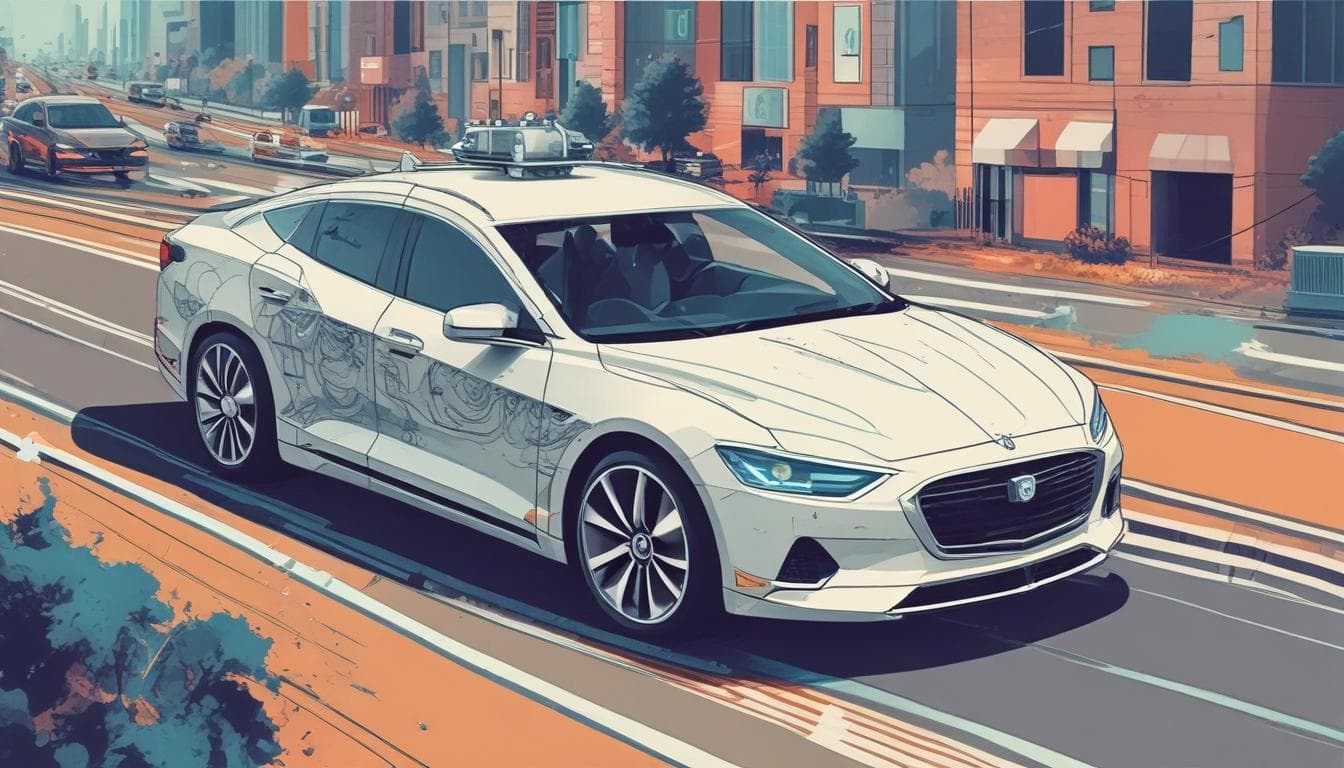 Alt text: Illustration of a self-driving car navigating a complex environment using quantum-enhanced algorithms