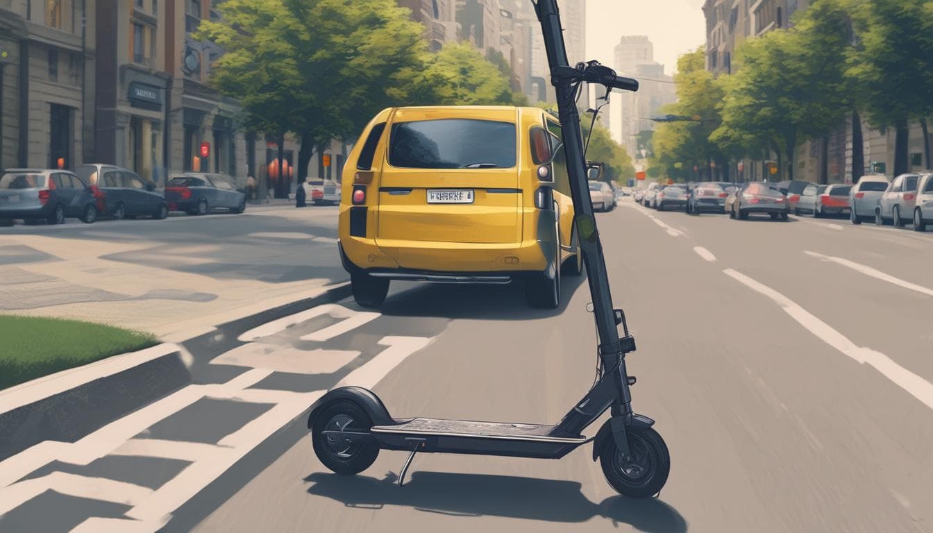Image d'une trottinette électrique stationnée sur un trottoir, illustrant le problème du stationnement sauvage