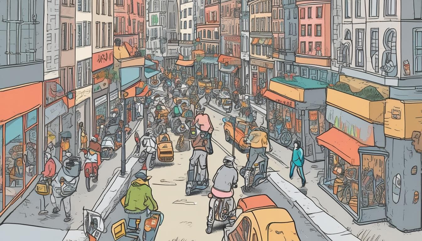 Image d'une rue animée avec divers usagers de la micro-mobilité (trottinettes, vélos, gyropodes)