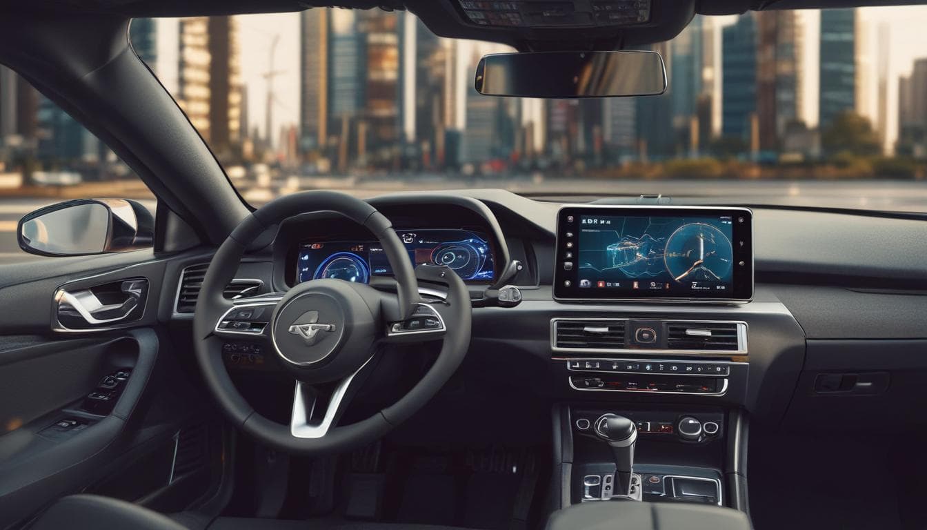 Image : Un tableau de bord de voiture moderne avec un système d'infodivertissement à écran tactile