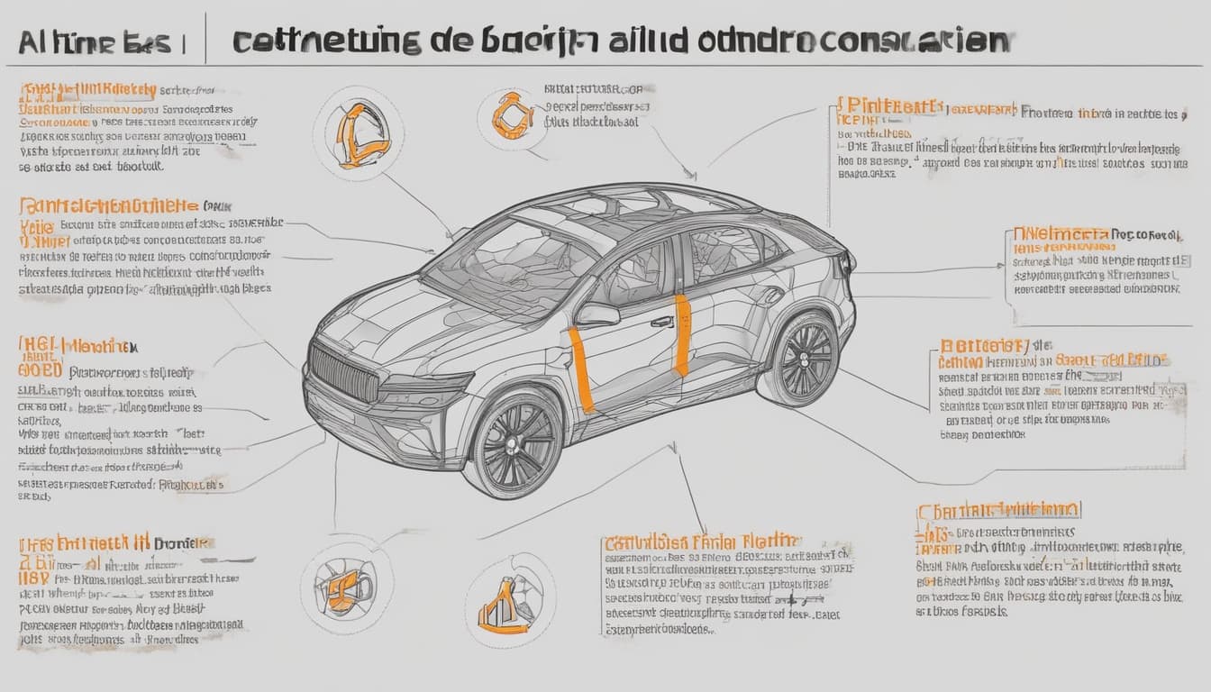Alt text describing the image: Infografik, die die Prinzipien des Design for Circularity im Automobilbau illustriert: Materialauswahl, Demontagefreundlichkeit, Langlebigkeit, Modularität.