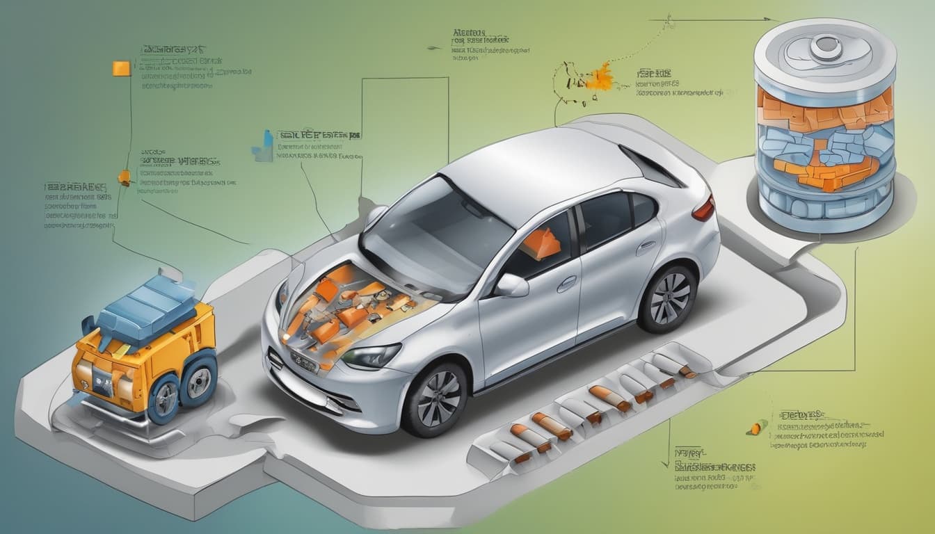 Alt text describing the image: Vereinfachtes Prozessdiagramm des Batterierecyclings für Elektrofahrzeuge, das Schritte wie Demontage, Schreddern, Materialtrennung (mechanisch, hydrometallurgisch, pyrometallurgisch) und Rückgewinnung von Rohstoffen zeigt.