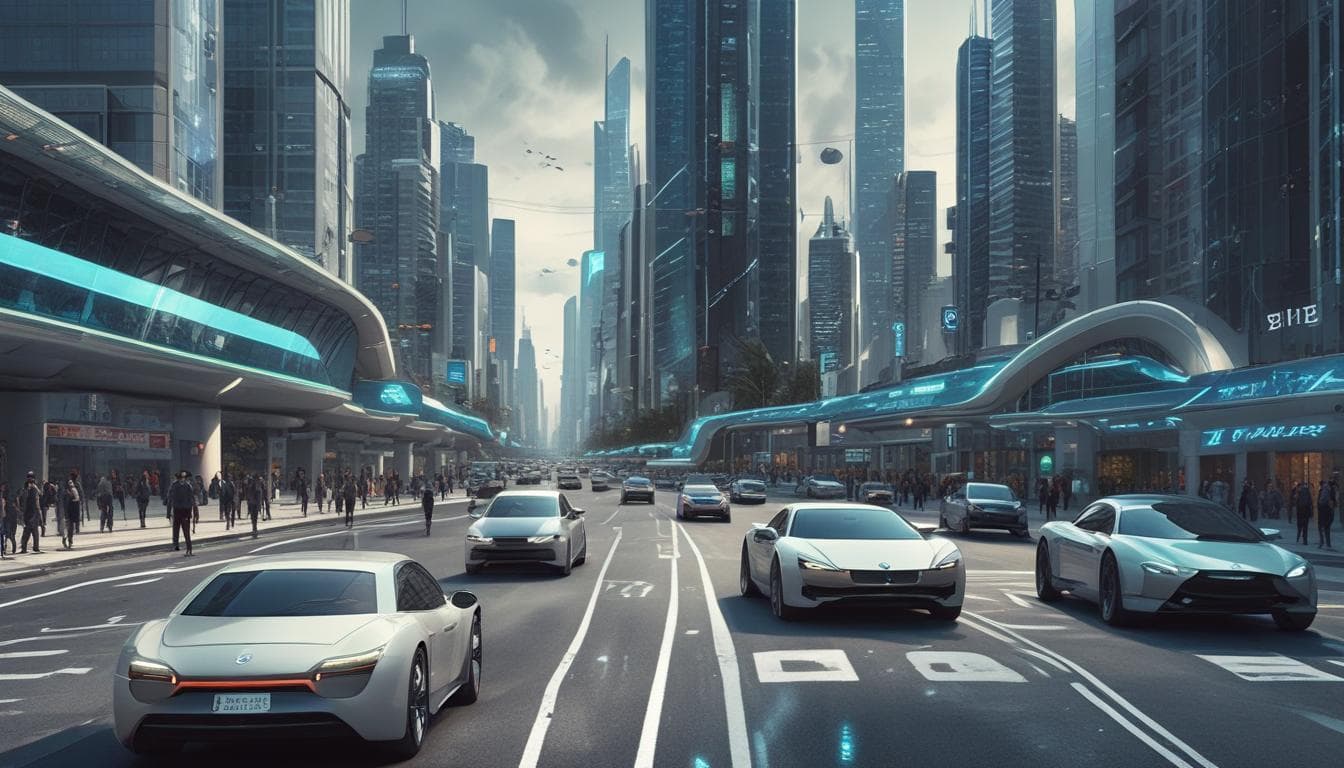 Image: A futuristic cityscape with autonomous EVs