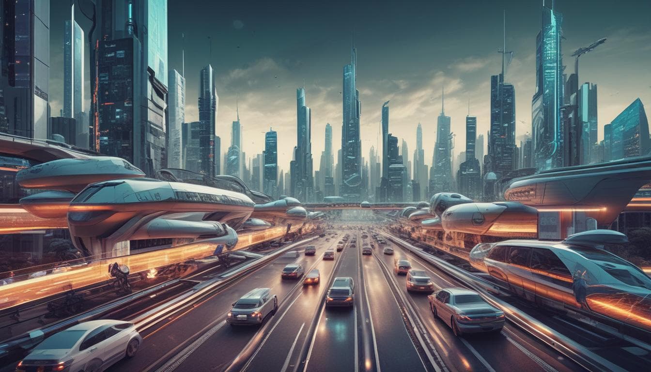Bild einer futuristischen Stadt mit autonomen Fahrzeugen