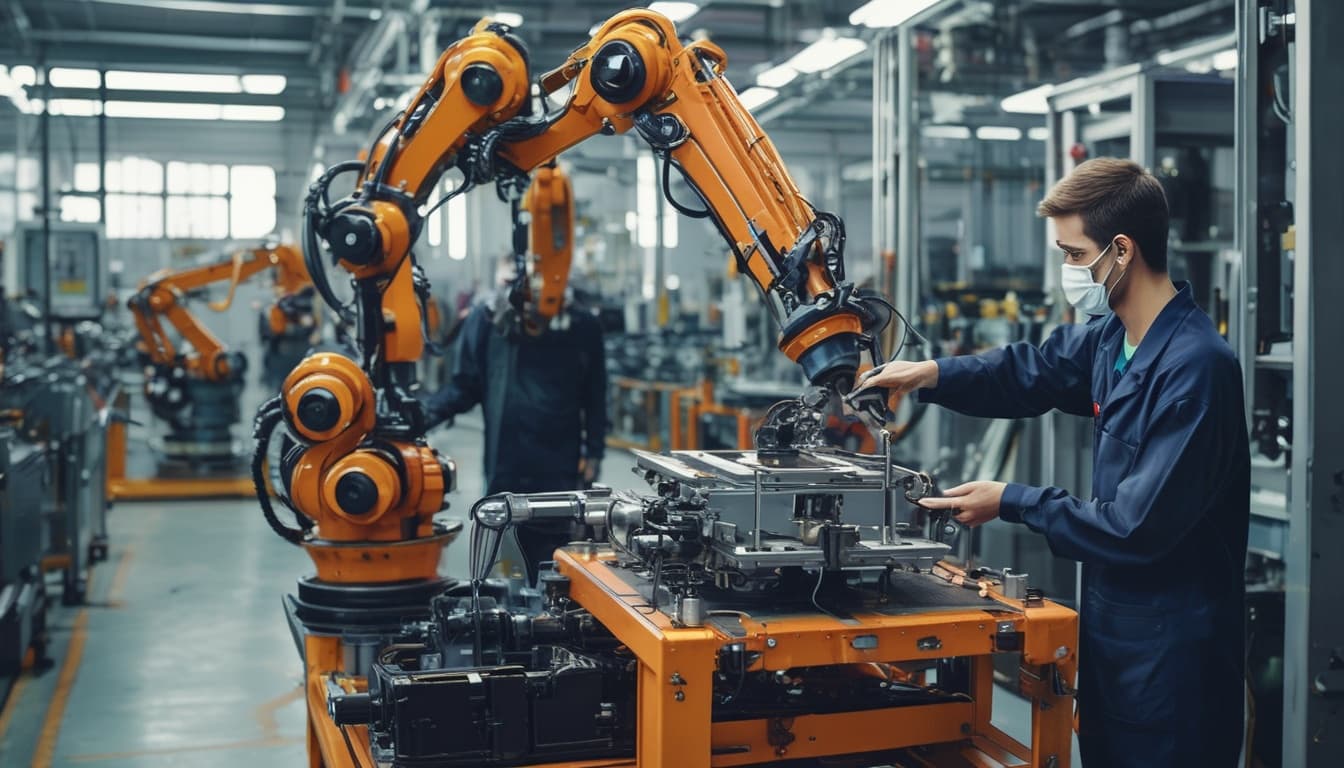 Otomotiv fabrikasında bir operatörle yan yana çalışan bir kobotun montaj işlemine yardım ettiği bir fotoğraf