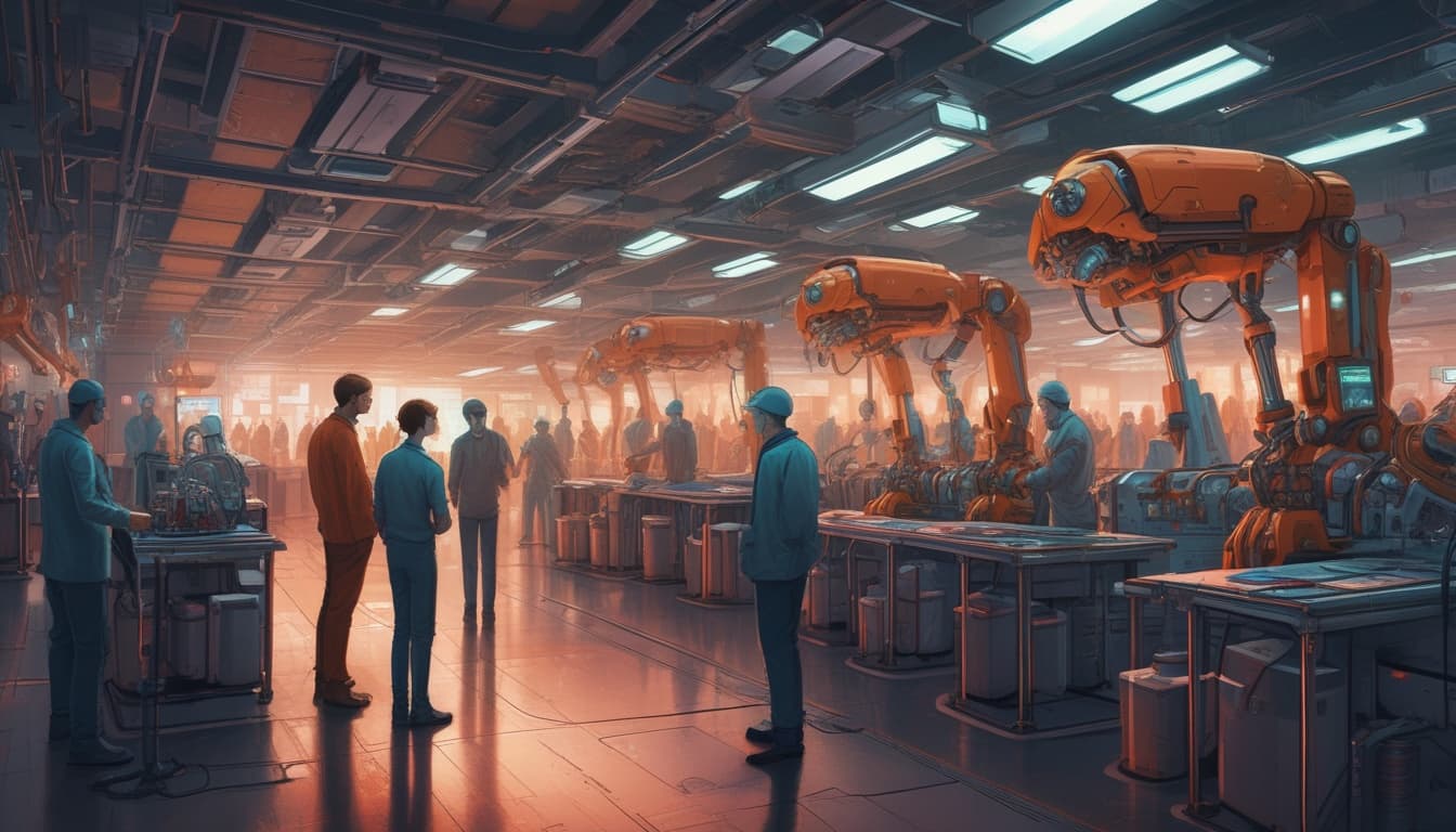 Fütüristik bir otomotiv fabrikasında insanların, kobotların ve otonom sistemlerin uyum içinde çalıştığını gösteren bir konsept sanat illüstrasyonu