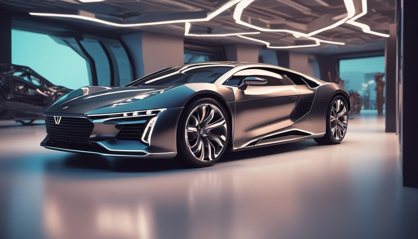 Image: A futuristic car displayed as an NFT in a metaverse showroom