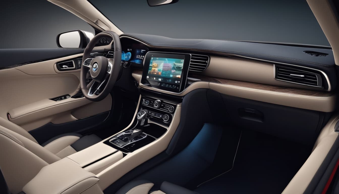 Interno auto moderno con ampio display touchscreen e illuminazione ambientale