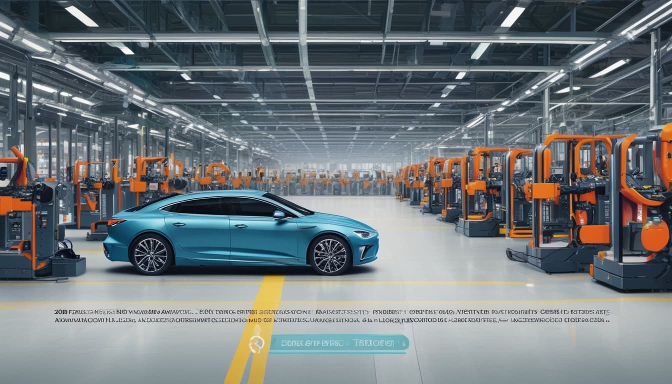 Immagine di una fabbrica automotive con sovrapposizioni grafiche che indicano il monitoraggio tramite gemello digitale