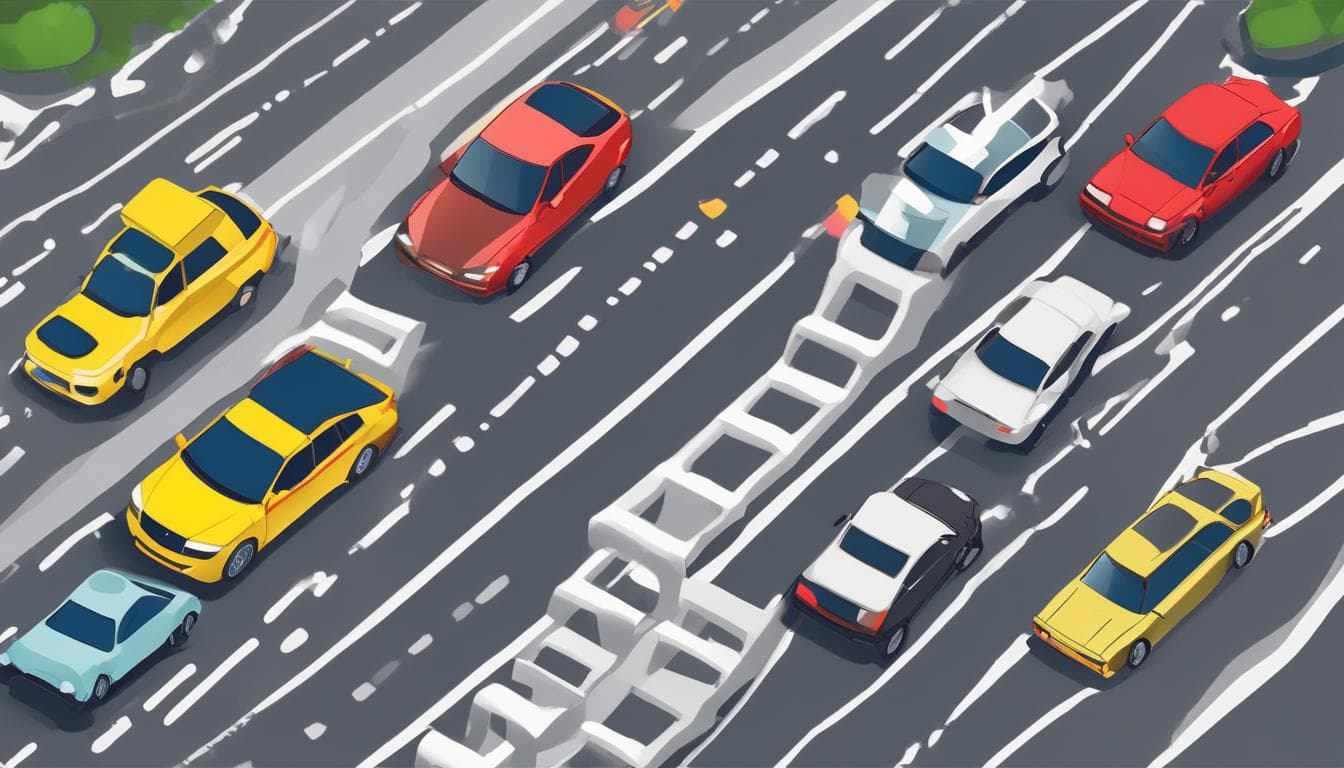 Ein Bild, das verschiedene Fahrerassistenzsysteme in Aktion zeigt, wie ACC, LKA und Parkassistent.