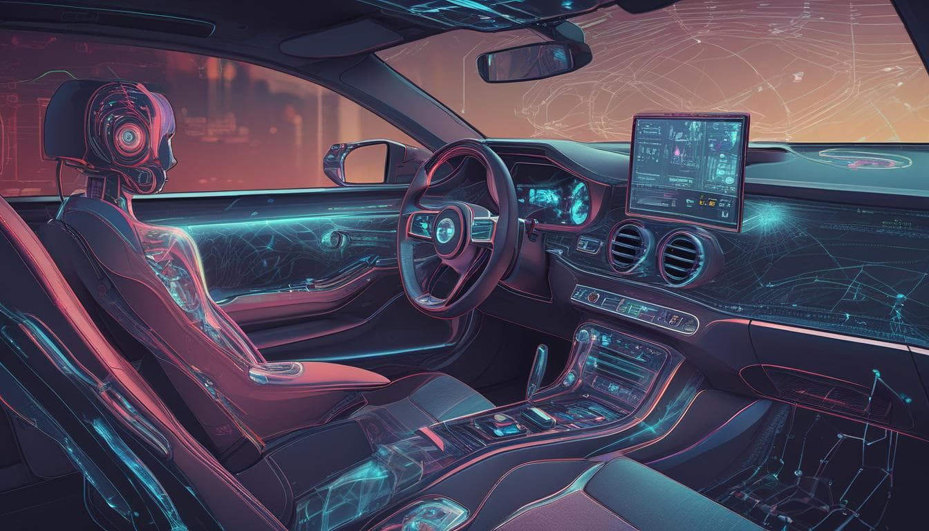 Designer collaborating with an AI co-pilot on a holographic vehicle model
