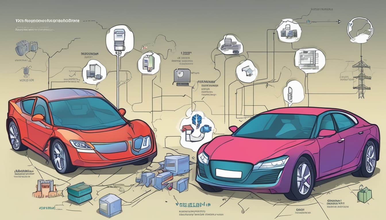 Diagram illustrating V2G components: EV with bidirectional OBC, bidirectional charger, smart meter, grid connection, aggregation platform