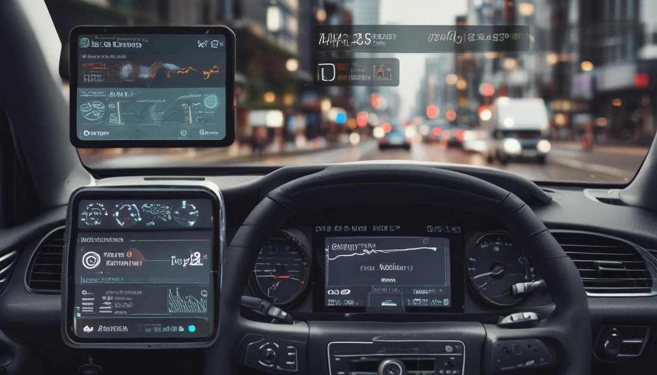 Imagem de um painel de carro mostrando informações de tráfego em tempo real.